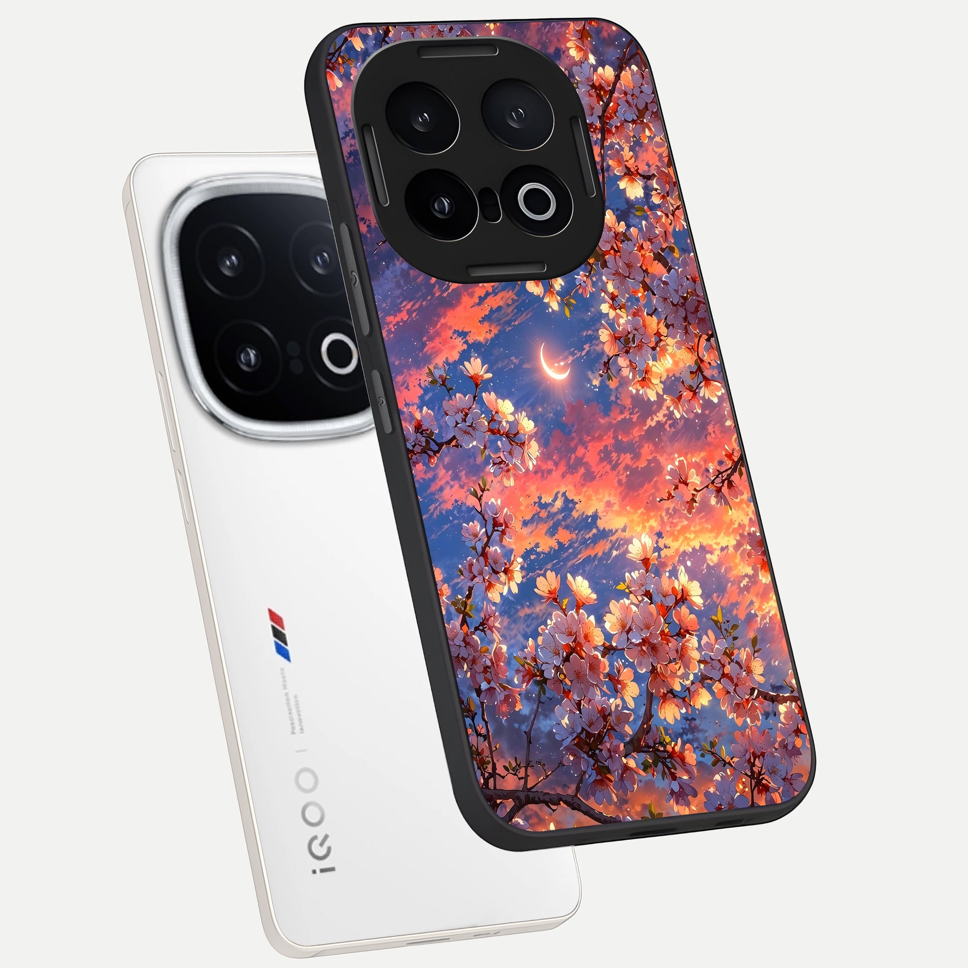  Celestial Sakura Sunset phone case for iQOO 13 showing premium glass back cover with detailed artwork