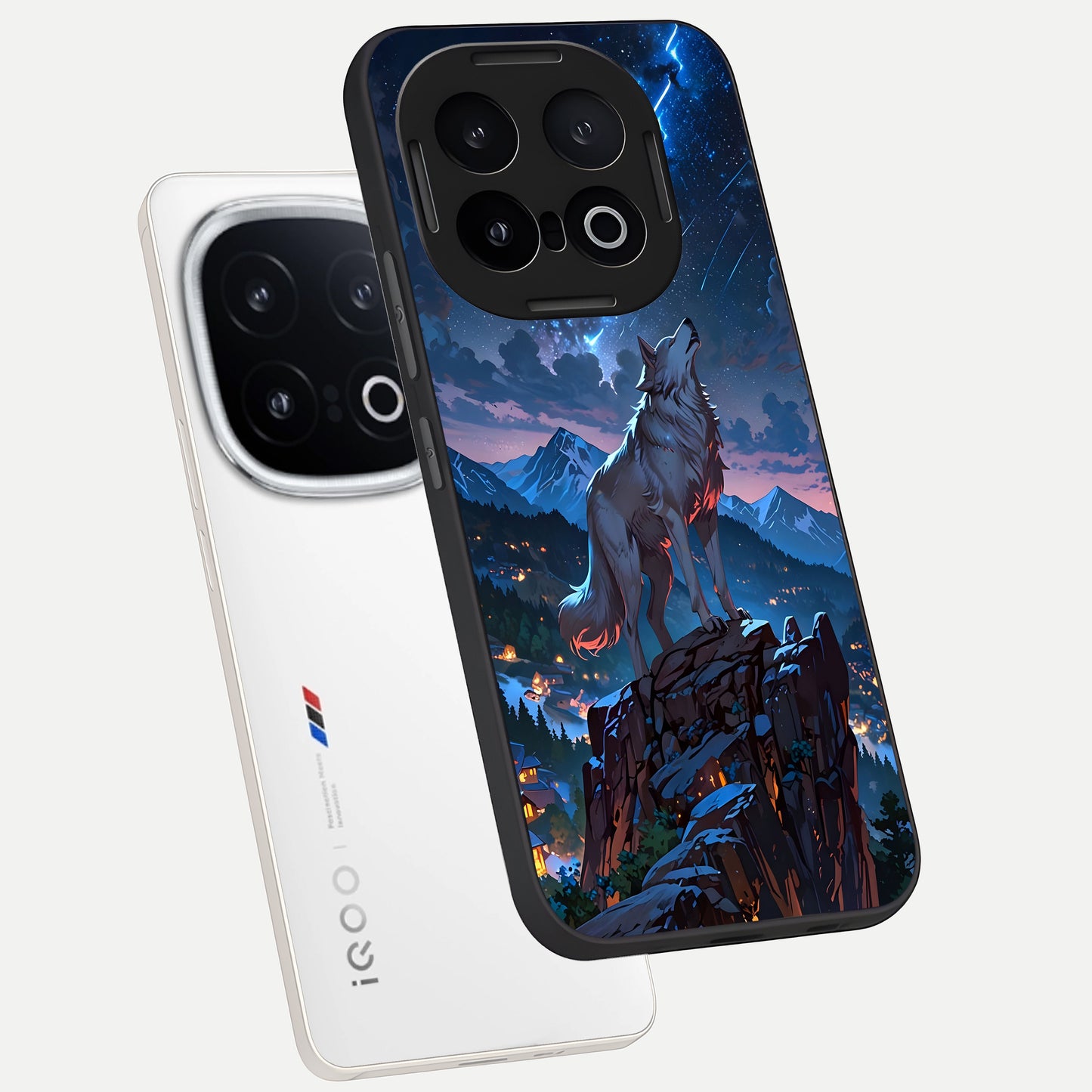  Celestial Wolf Howl phone case for iQOO 13 showing premium glass back cover with detailed artwork
