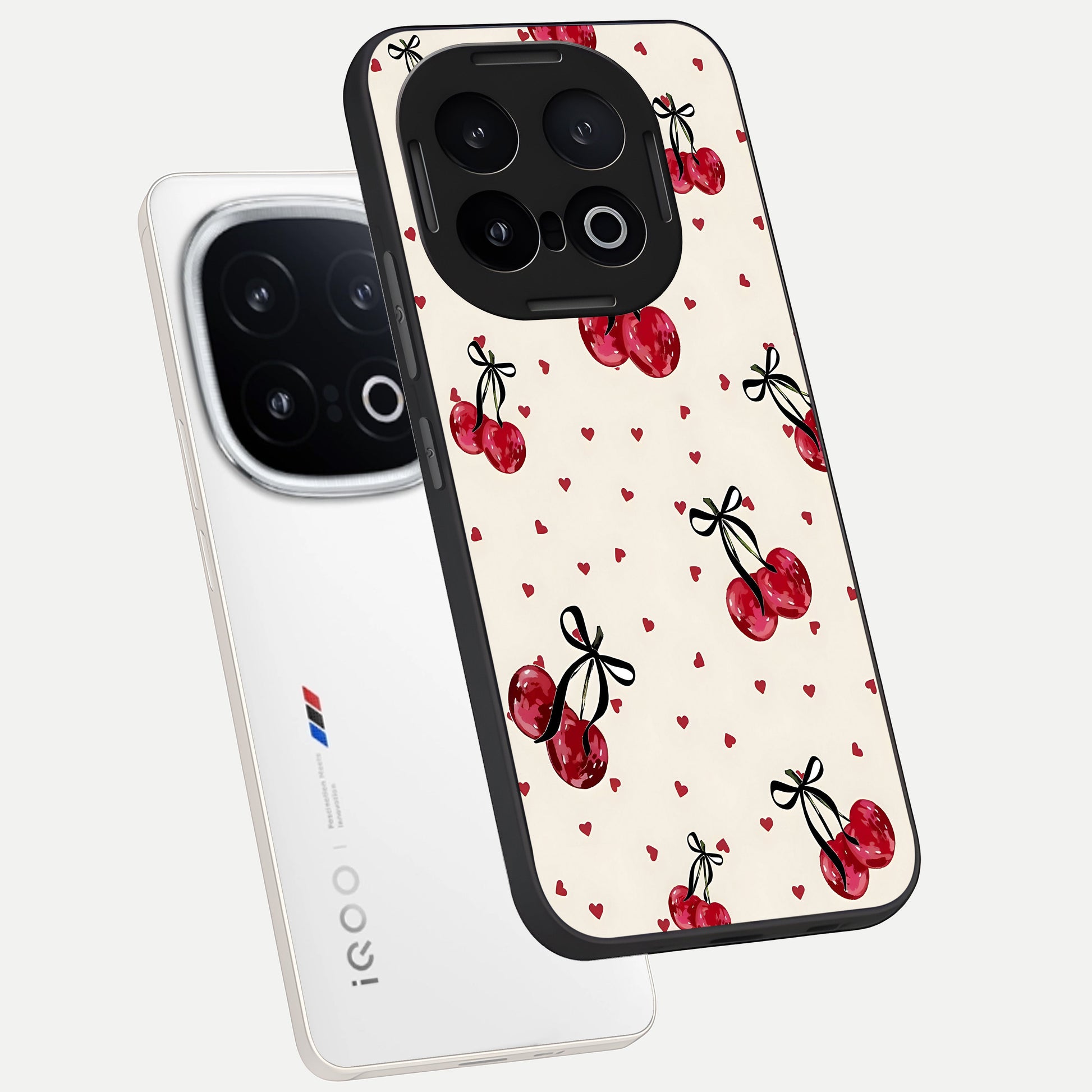  Cherry Heart Bow phone case for iQOO 13 showing premium glass back cover with detailed artwork