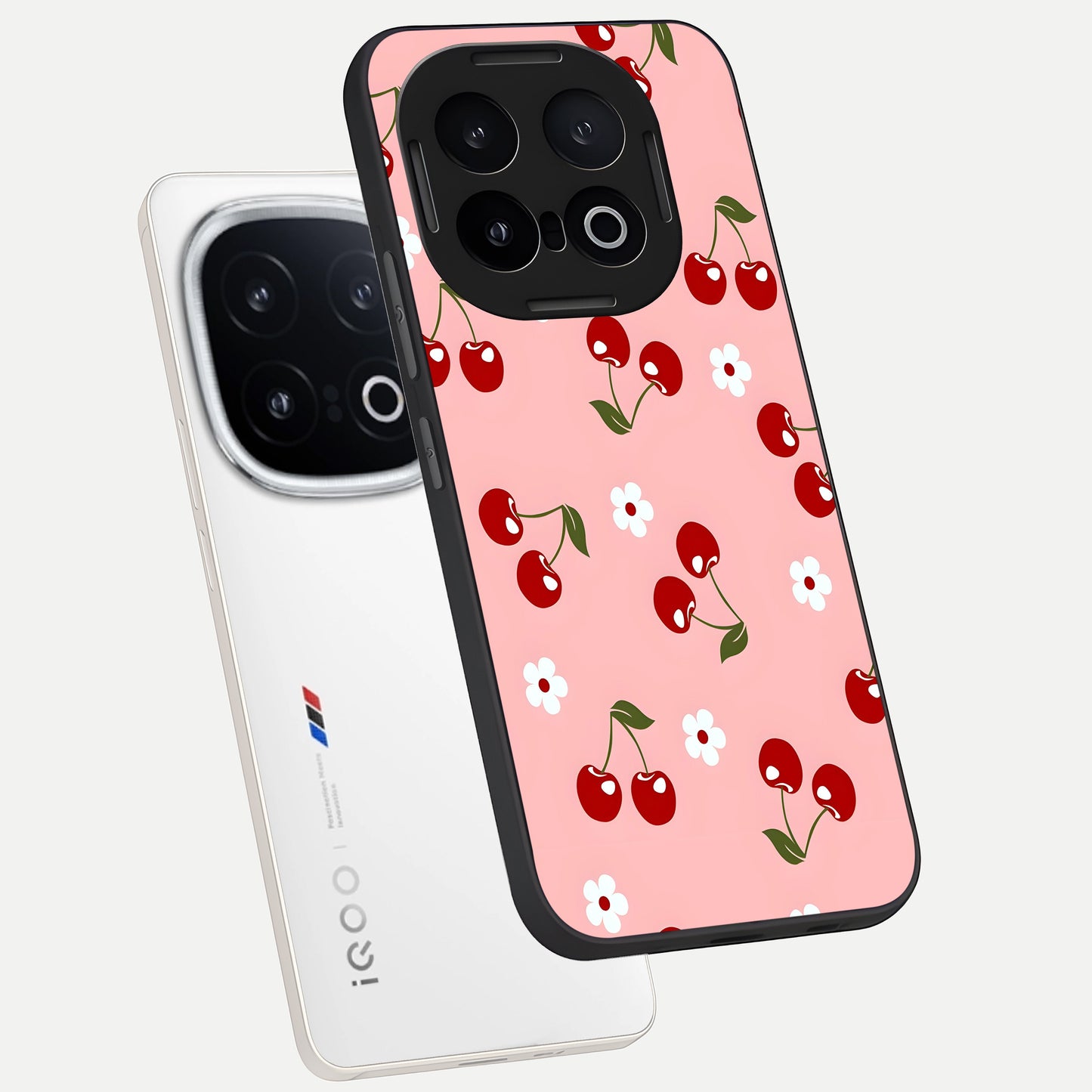  Cherry Love Mood phone case for iQOO 13 showing premium glass back cover with detailed artwork