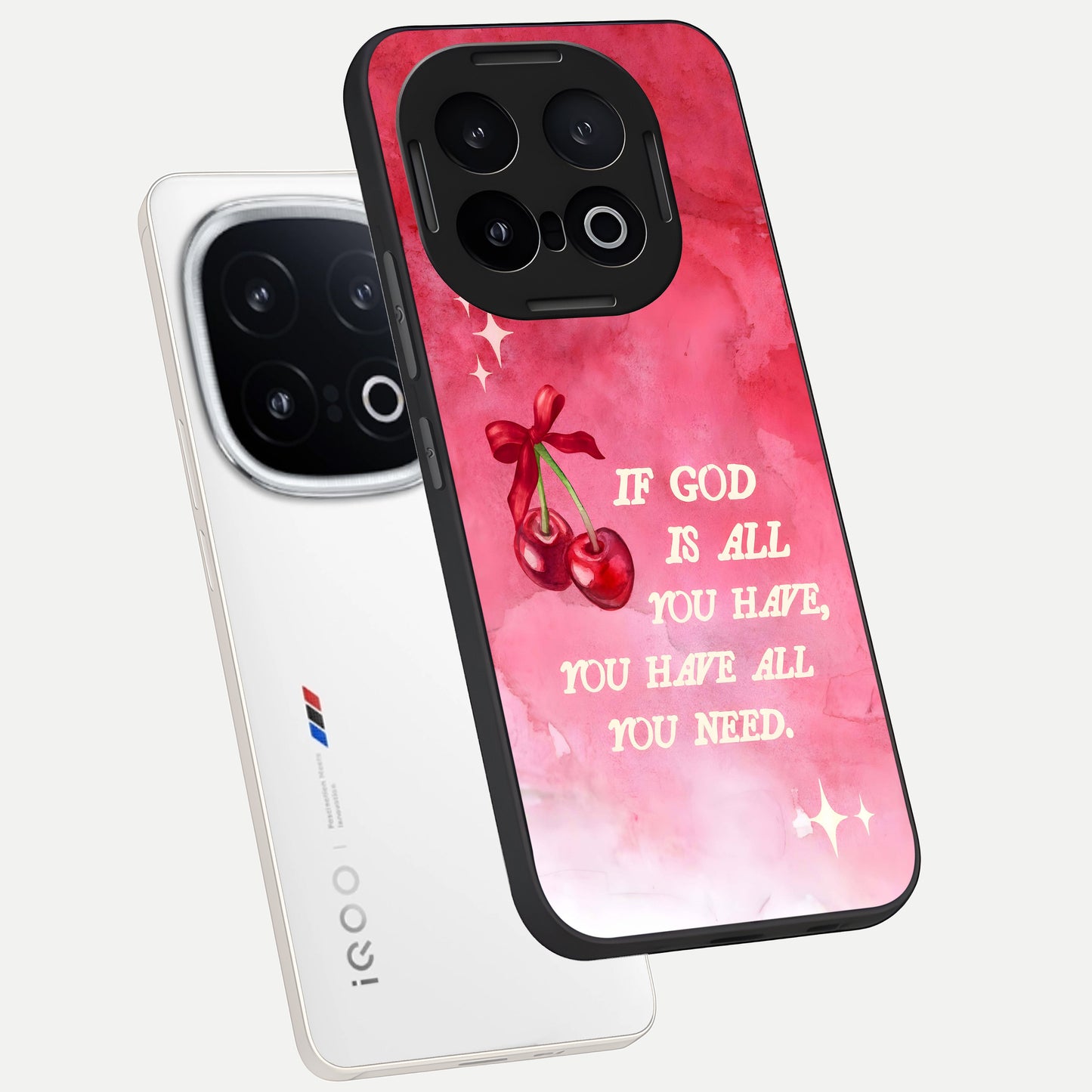 Cherry Quote phone case for iQOO 13 showing premium glass back cover with detailed artwork