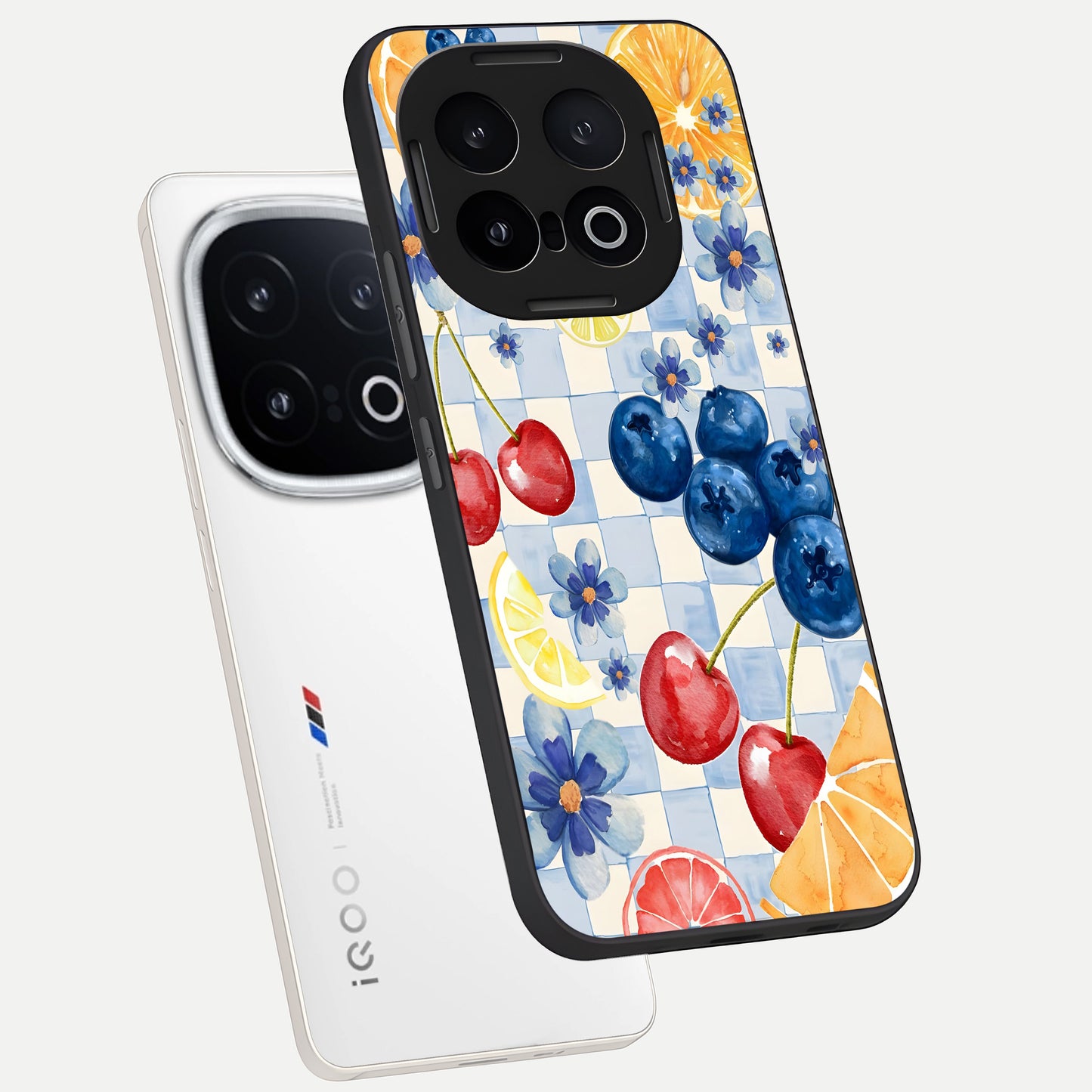  Citrus Bloom Joy phone case for iQOO 13 showing premium glass back cover with detailed artwork