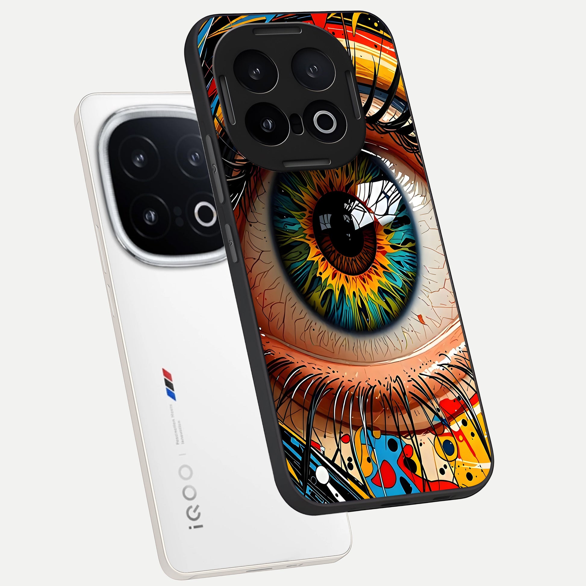  Colorful Eye phone case for iQOO 13 showing premium glass back cover with detailed artwork