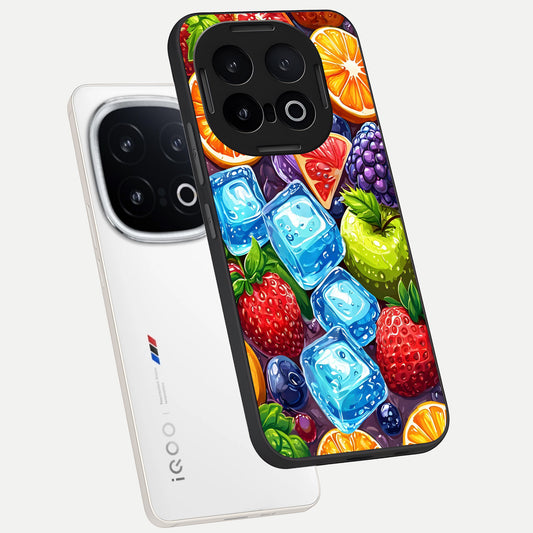  Colorful Fruits with Ice phone case for iQOO 13 showing premium glass back cover with detailed artwork
