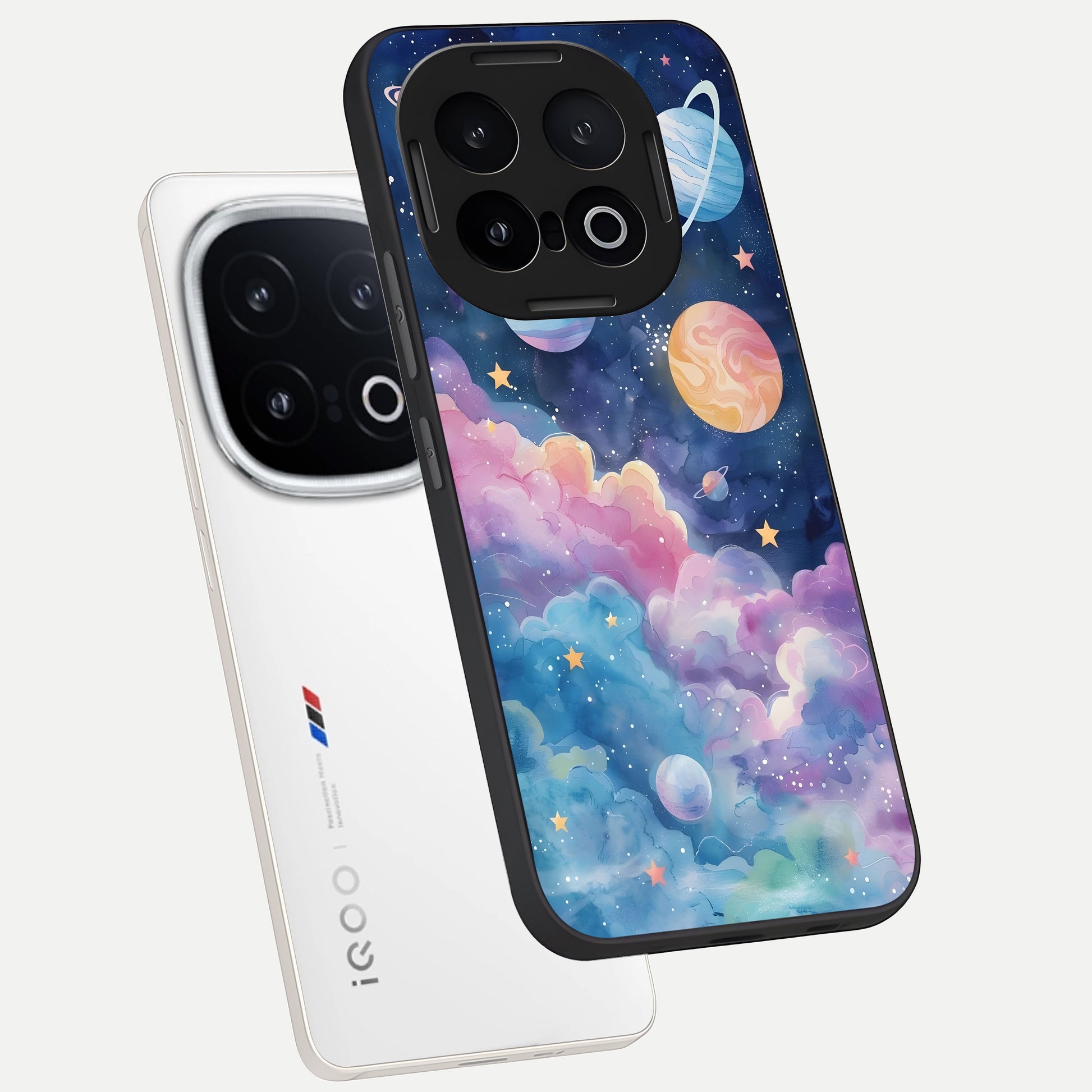  Cosmic Planet Dreams phone case for iQOO 13 showing premium glass back cover with detailed artwork