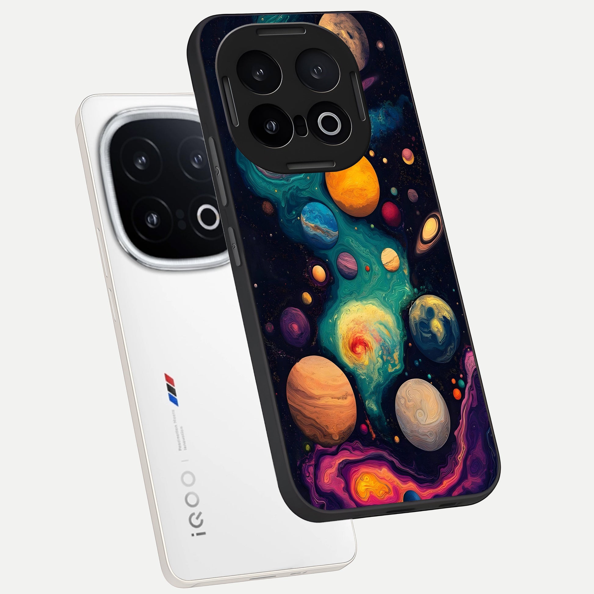  Cosmic Planet Journey phone case for iQOO 13 showing premium glass back cover with detailed artwork