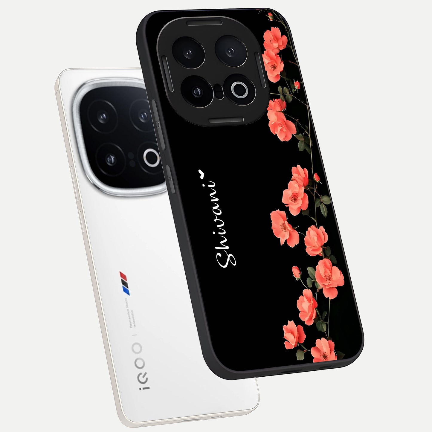  Crimson Bloom Grace Custom Name phone case for iQOO 13 showing premium glass back cover with detailed artwork