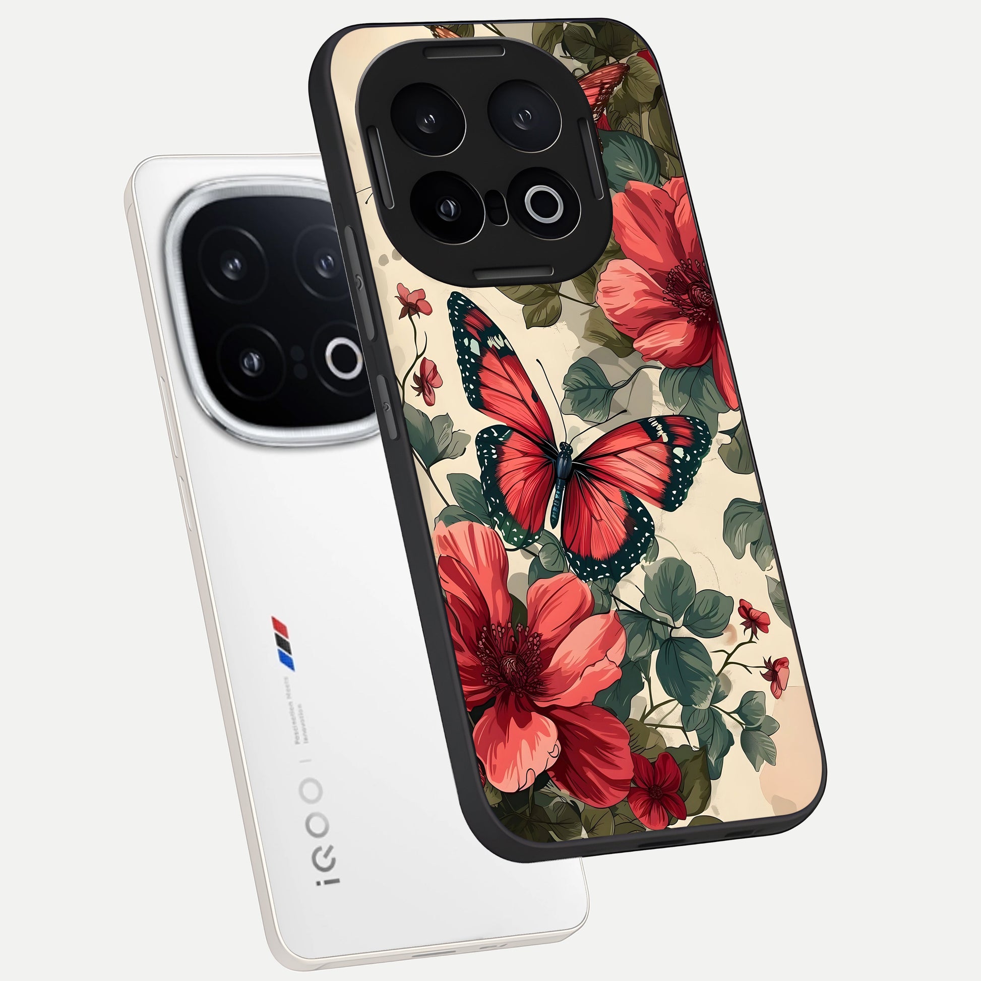  Crimson Butterfly Garden phone case for iQOO 13 showing premium glass back cover with detailed artwork