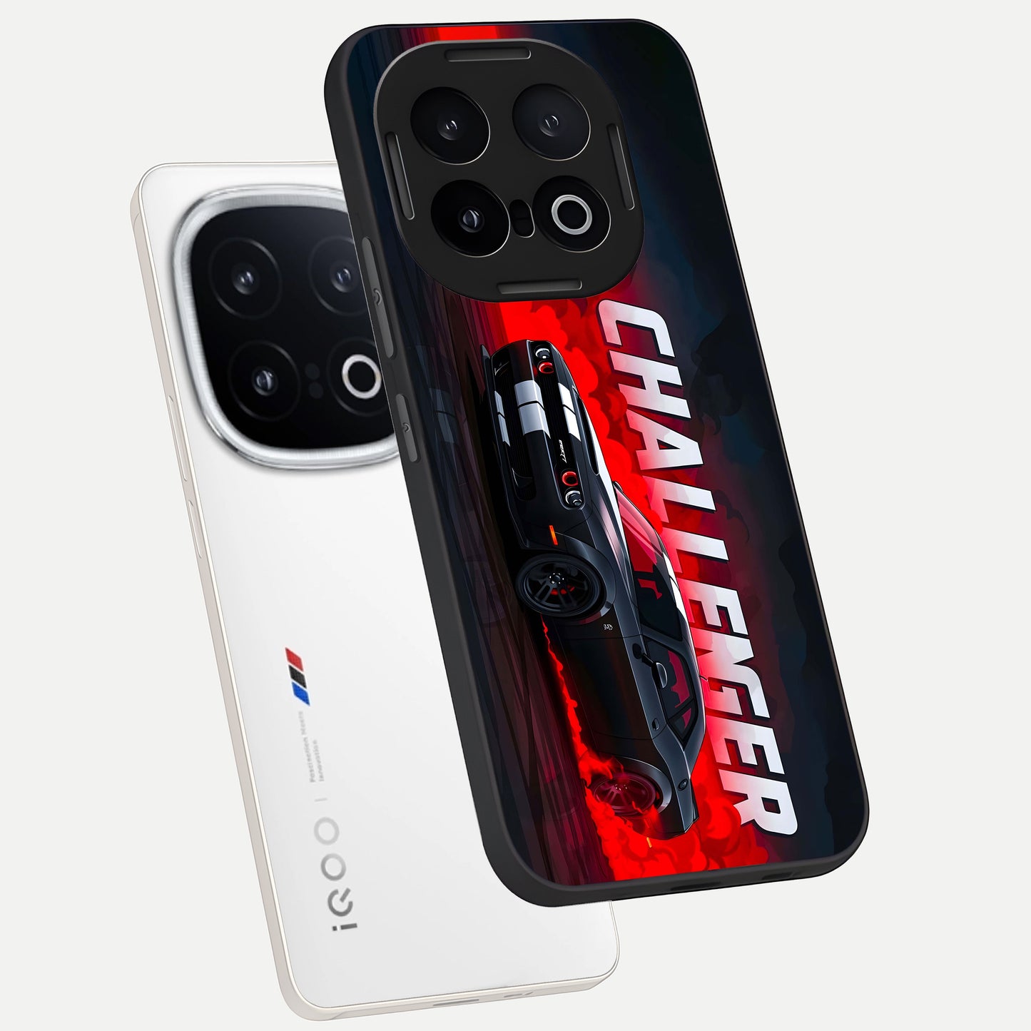  Crimson Challenger Fury phone case for iQOO 13 showing premium glass back cover with detailed artwork