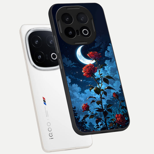  Crimson Rose Moon phone case for iQOO 13 showing premium glass back cover with detailed artwork