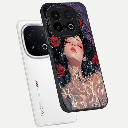  Crimson Rose Serenity phone case for iQOO 13 showing premium glass back cover with detailed artwork