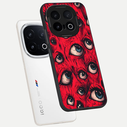  Crimson Watch Eyes phone case for iQOO 13 showing premium glass back cover with detailed artwork