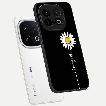  Custom Name White Flower phone case for iQOO 13 showing premium glass back cover with detailed artwork