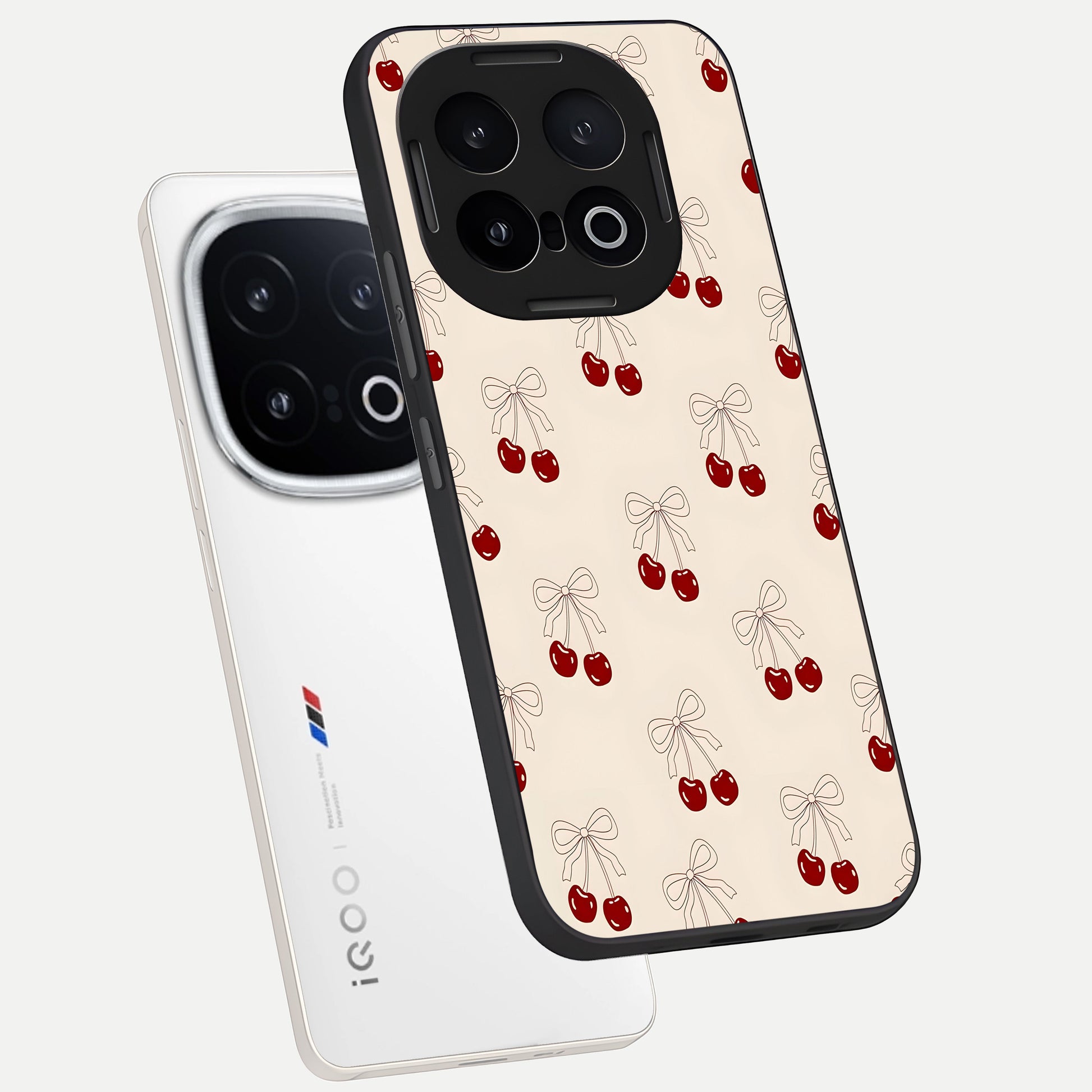  Cute Cherry Pattern phone case for iQOO 13 showing premium glass back cover with detailed artwork