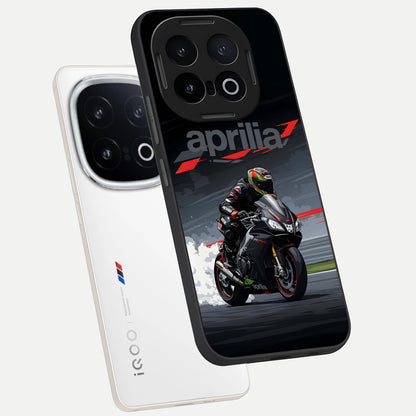  Dark Aprilla phone case for iQOO 13 showing premium glass back cover with detailed artwork