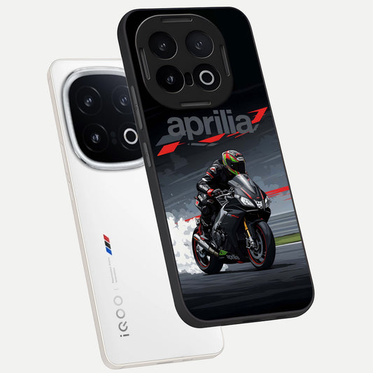  Dark Aprilla phone case for iQOO 13 showing premium glass back cover with detailed artwork