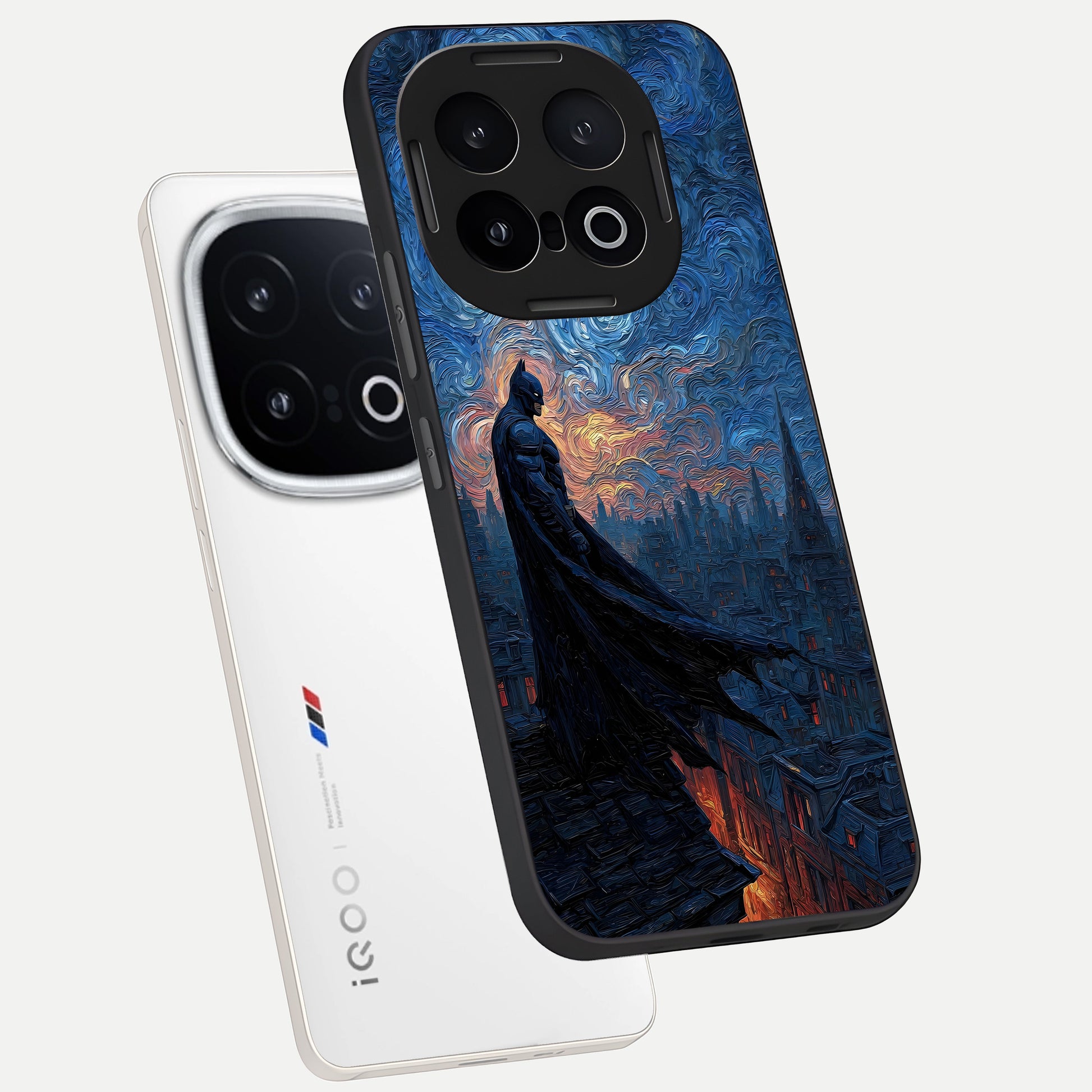  Dark Knight Dusk phone case for iQOO 13 showing premium glass back cover with detailed artwork