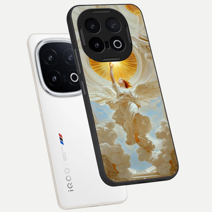  Divine Light Angel phone case for iQOO 13 showing premium glass back cover with detailed artwork