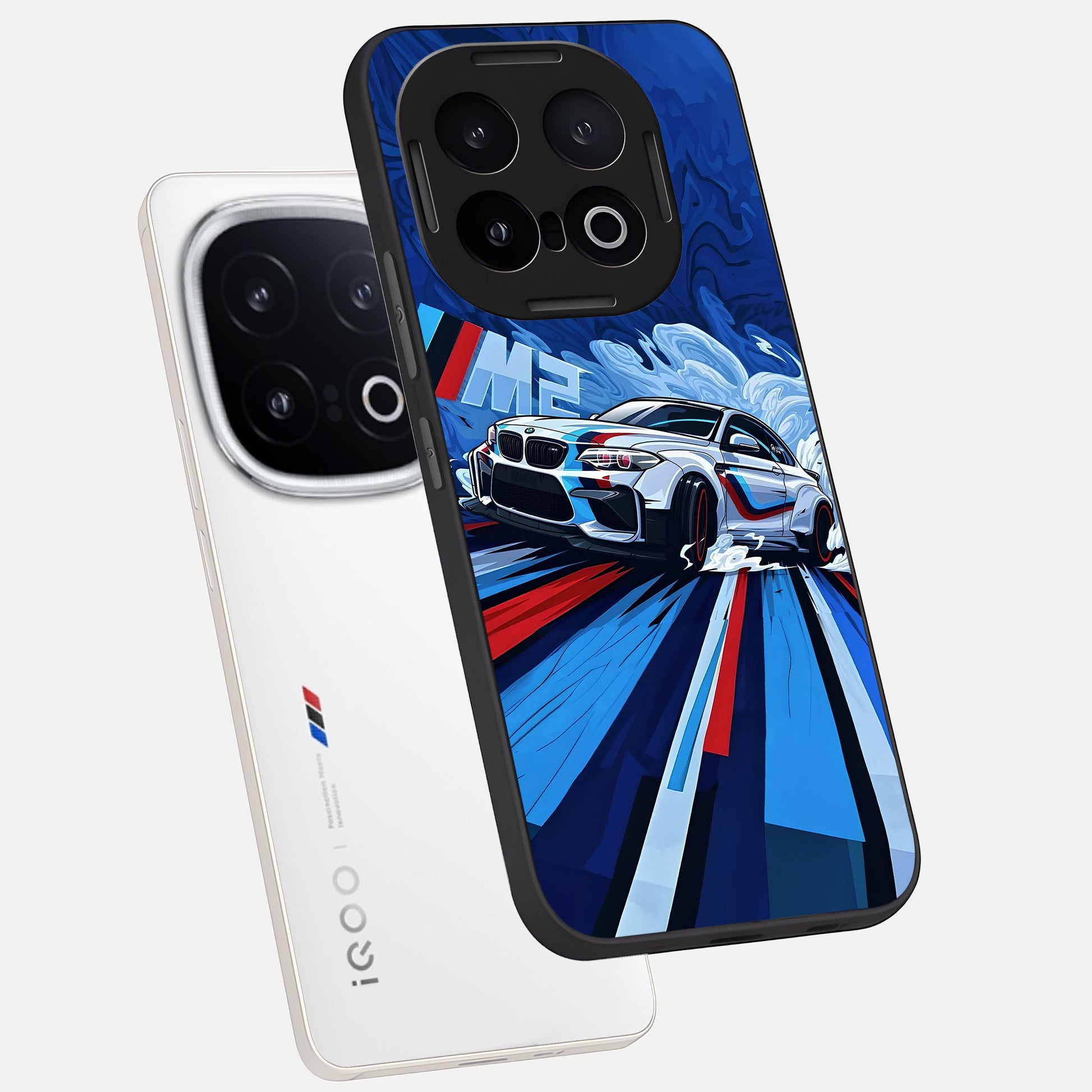  Drift Power Rush phone case for iQOO 13 showing premium glass back cover with detailed artwork