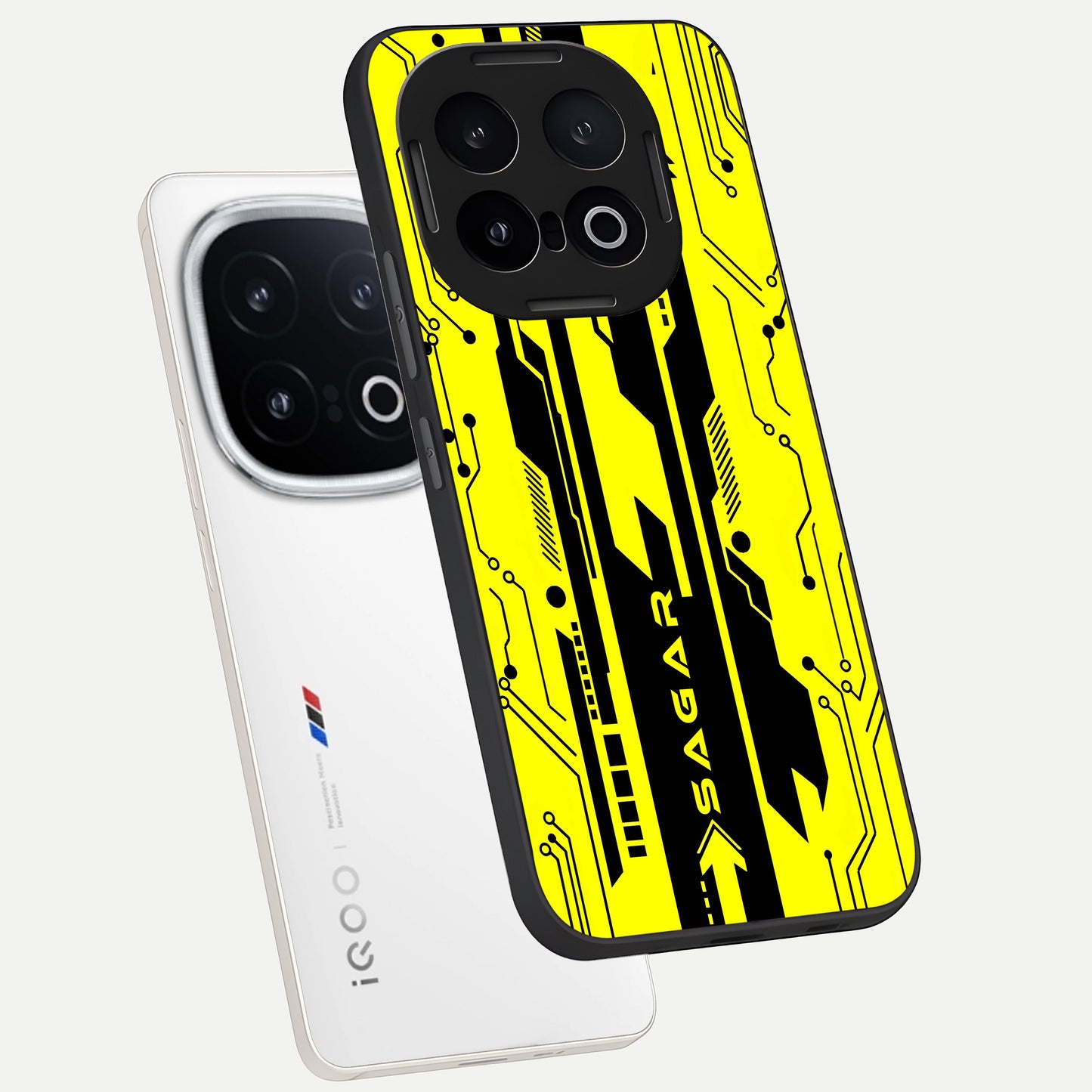  Electric Pulse CYBERPUNK Custom Name phone case for iQOO 13 showing premium glass back cover with detailed artwork
