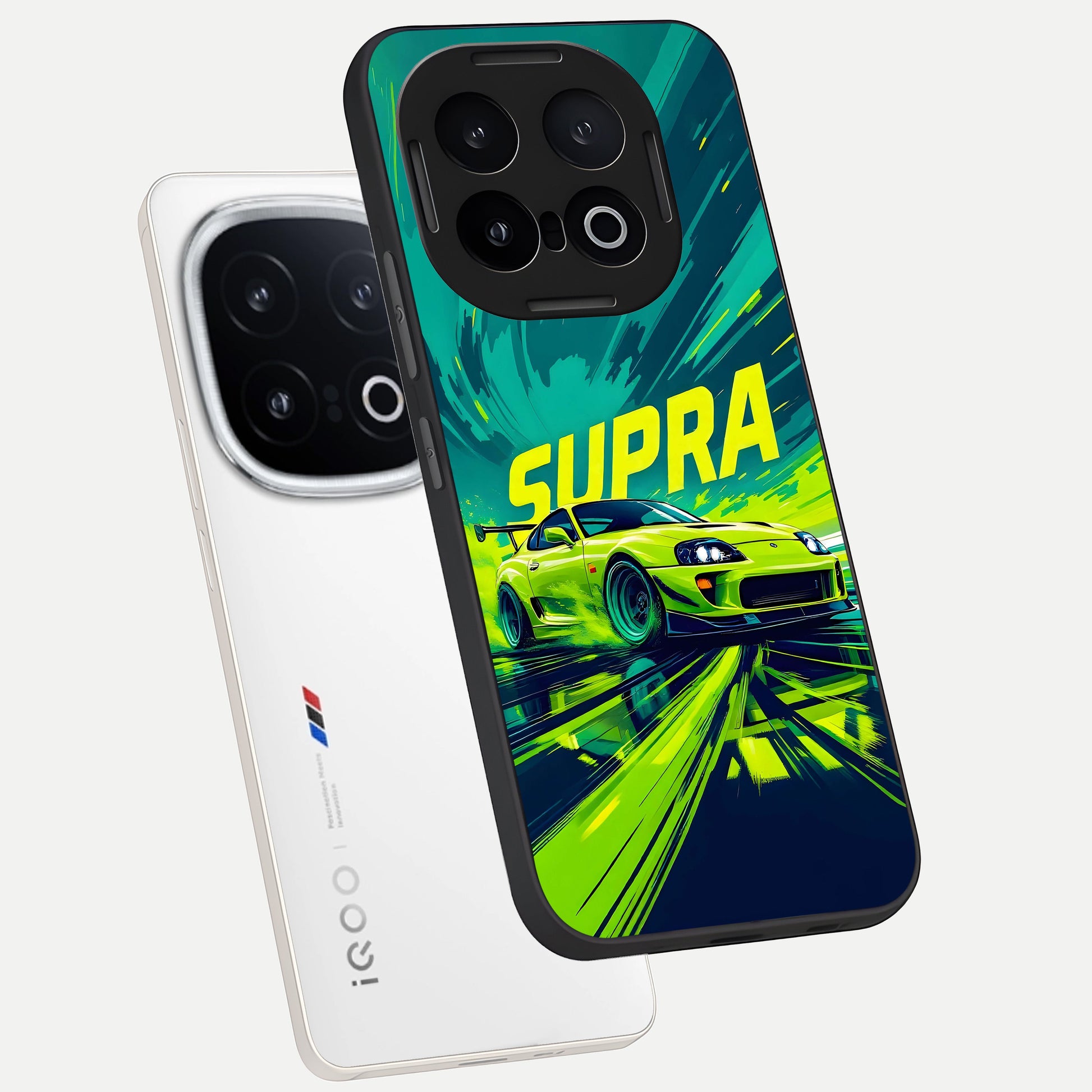  Electric Supra Thunder phone case for iQOO 13 showing premium glass back cover with detailed artwork