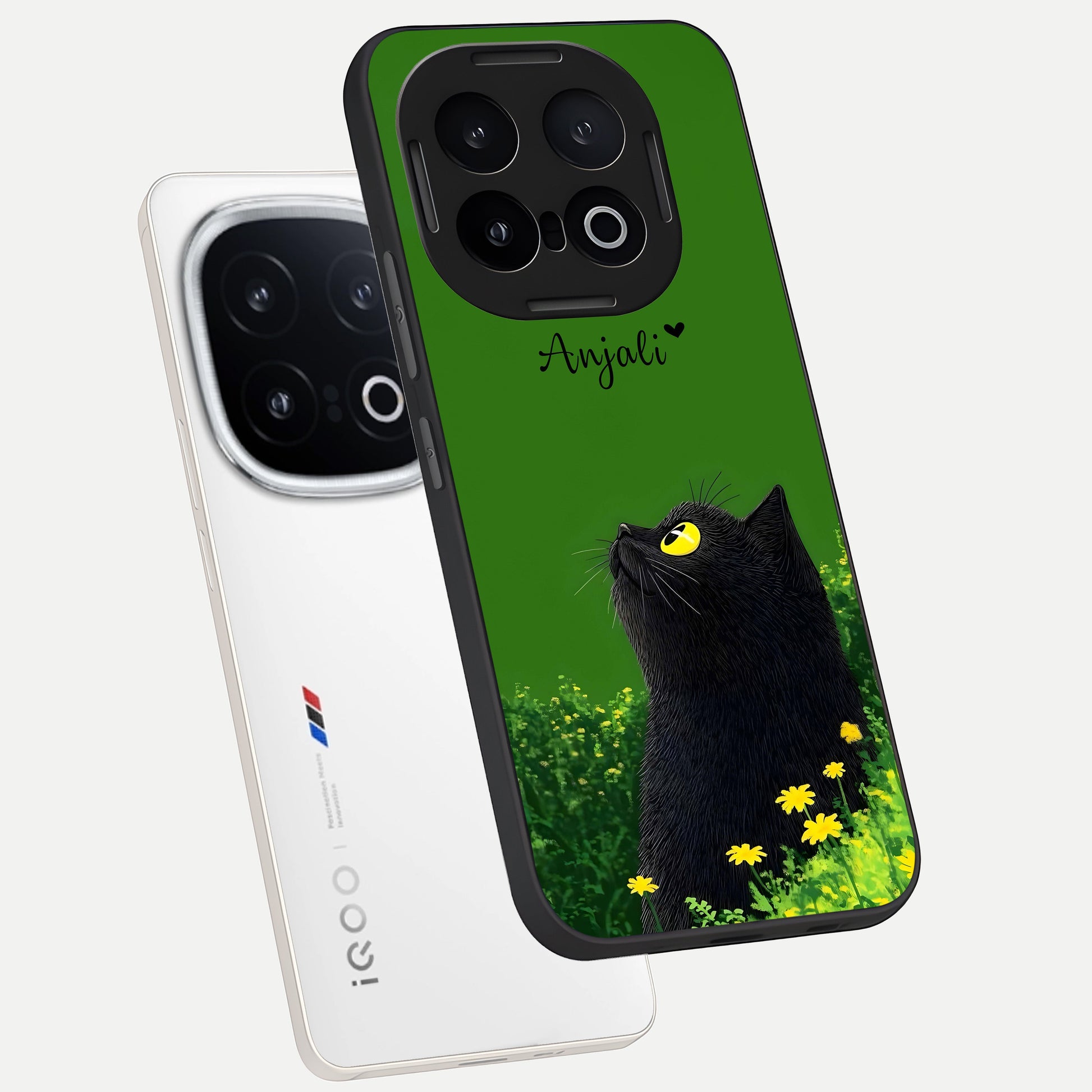  Emerald Cat Custom Name phone case for iQOO 13 showing premium glass back cover with detailed artwork