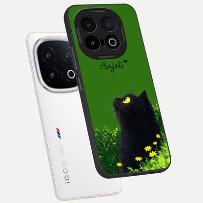  Emerald Cat Custom Name phone case for iQOO 13 showing premium glass back cover with detailed artwork