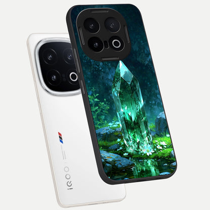  Emerald Light Crystal phone case for iQOO 13 showing premium glass back cover with detailed artwork