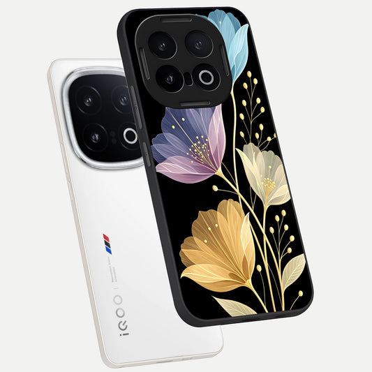  Flower Bloom Glow phone case for iQOO 13 showing premium glass back cover with detailed artwork
