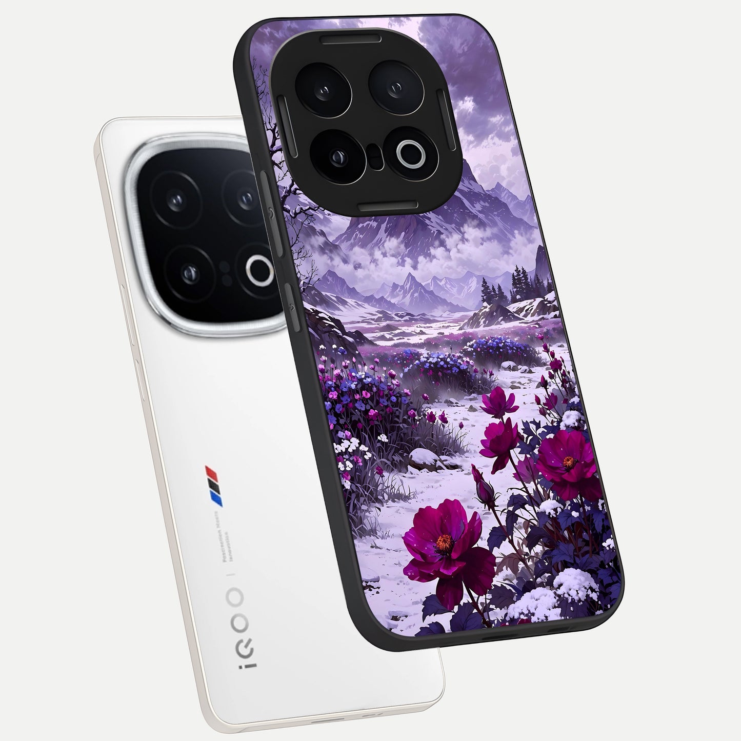  Flower Mountain View phone case for iQOO 13 showing premium glass back cover with detailed artwork