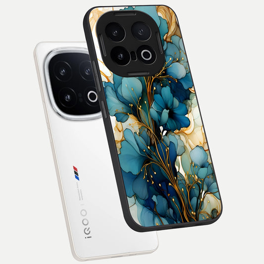  Golden Bloom Symphony phone case for iQOO 13 showing premium glass back cover with detailed artwork