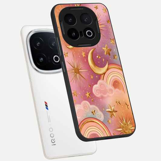  Golden Celestial Dreams phone case for iQOO 13 showing premium glass back cover with detailed artwork