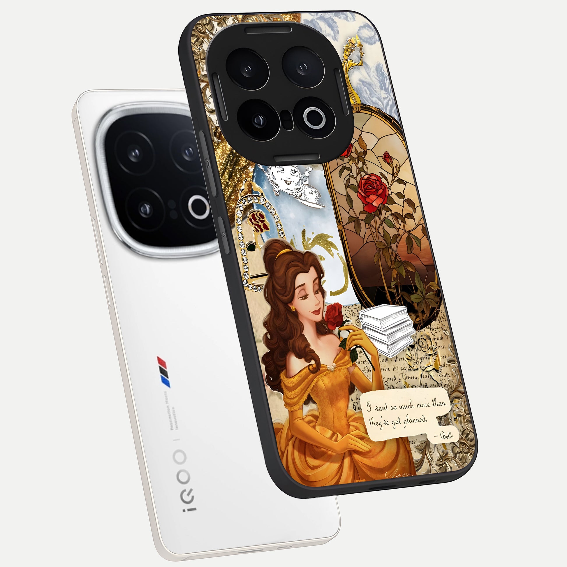  Golden Dream Belle phone case for iQOO 13 showing premium glass back cover with detailed artwork