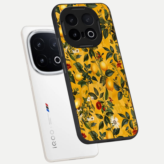  Golden Lemon Field phone case for iQOO 13 showing premium glass back cover with detailed artwork