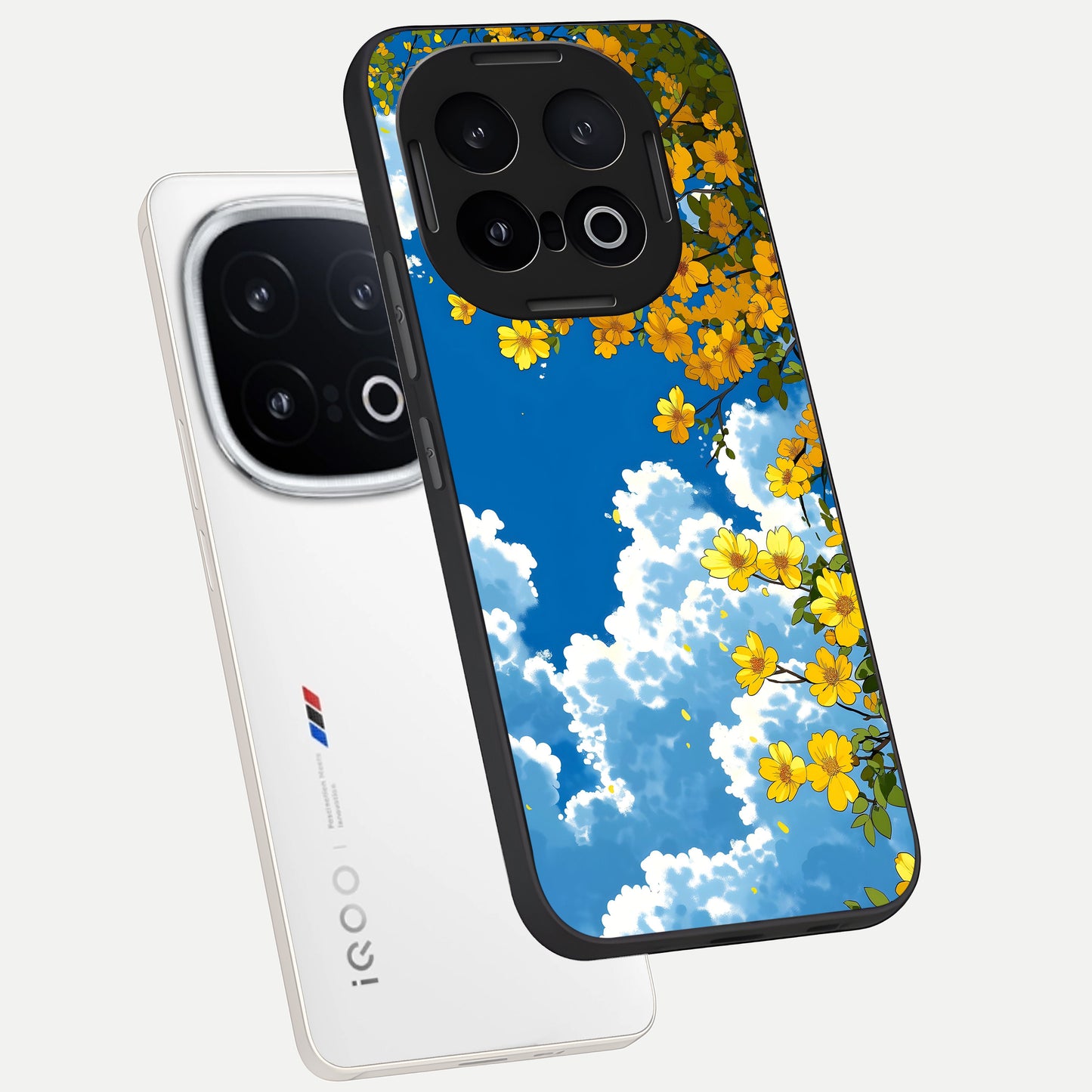  Golden Petal Sky phone case for iQOO 13 showing premium glass back cover with detailed artwork