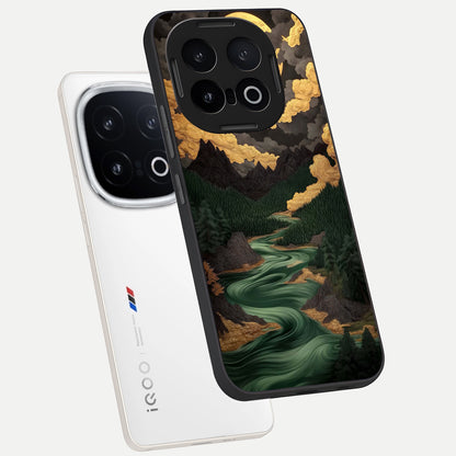 Golden River Moon phone case for iQOO 13 showing premium glass back cover with detailed artwork