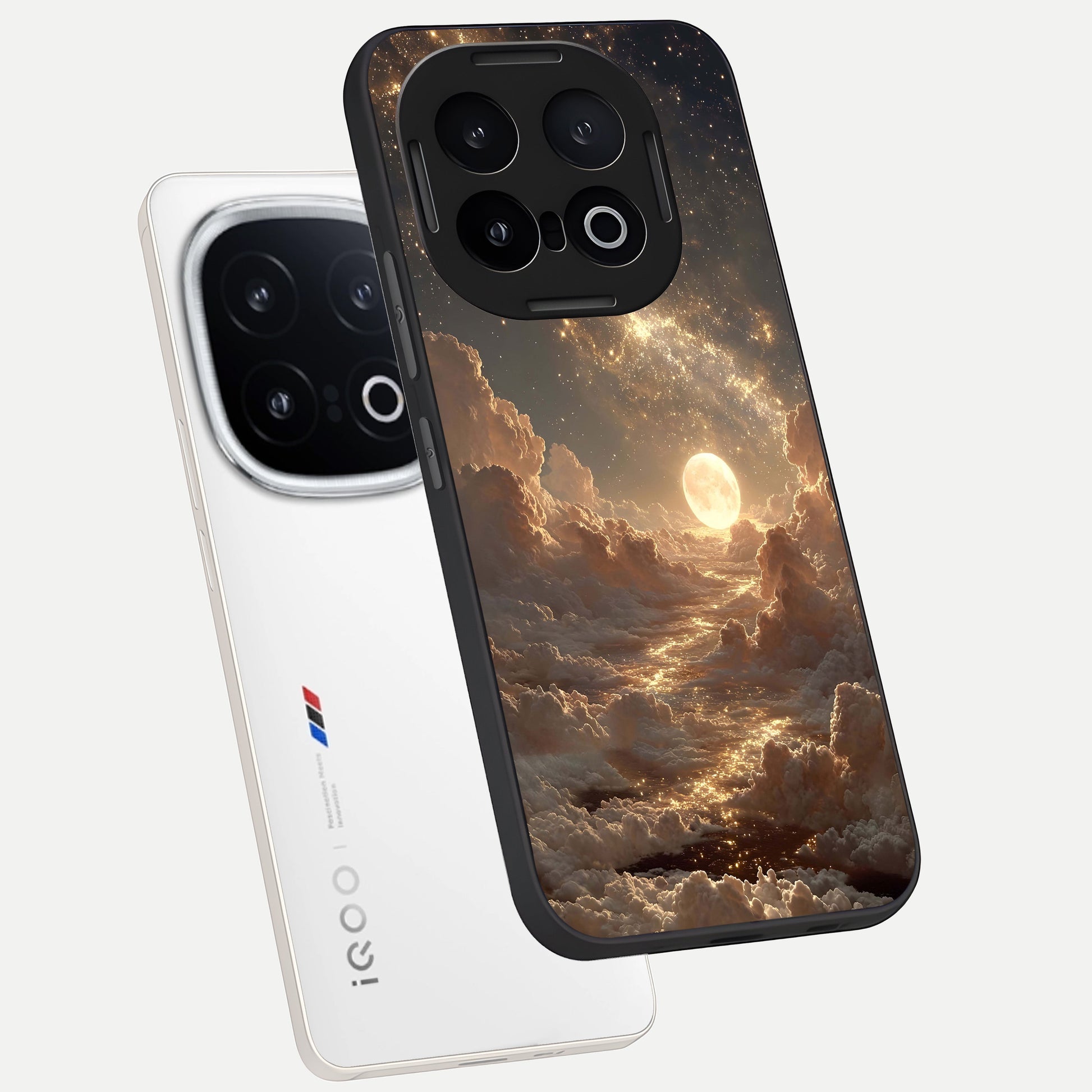  Golden Sky Dream phone case for iQOO 13 showing premium glass back cover with detailed artwork