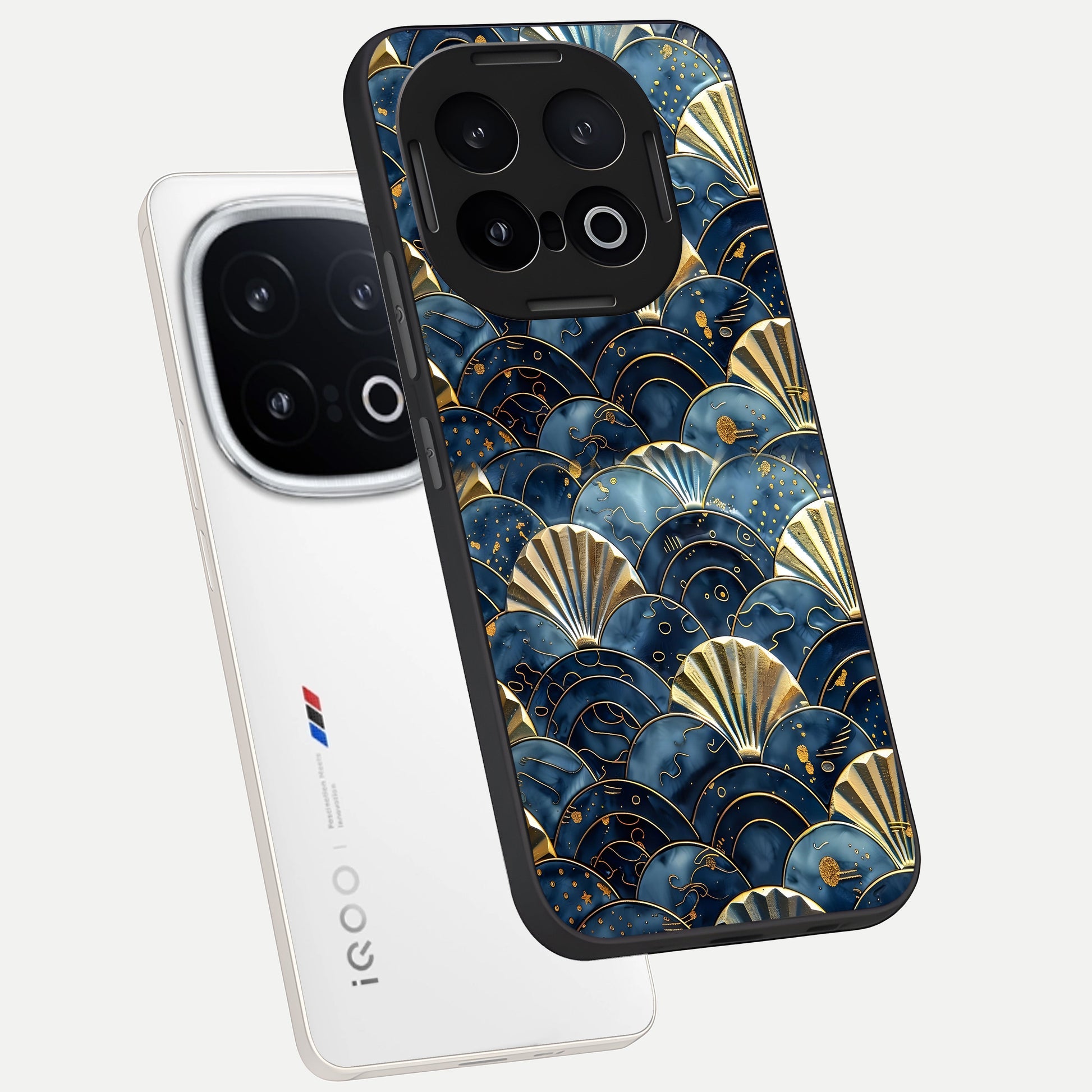  Golden Wave Luxe phone case for iQOO 13 showing premium glass back cover with detailed artwork