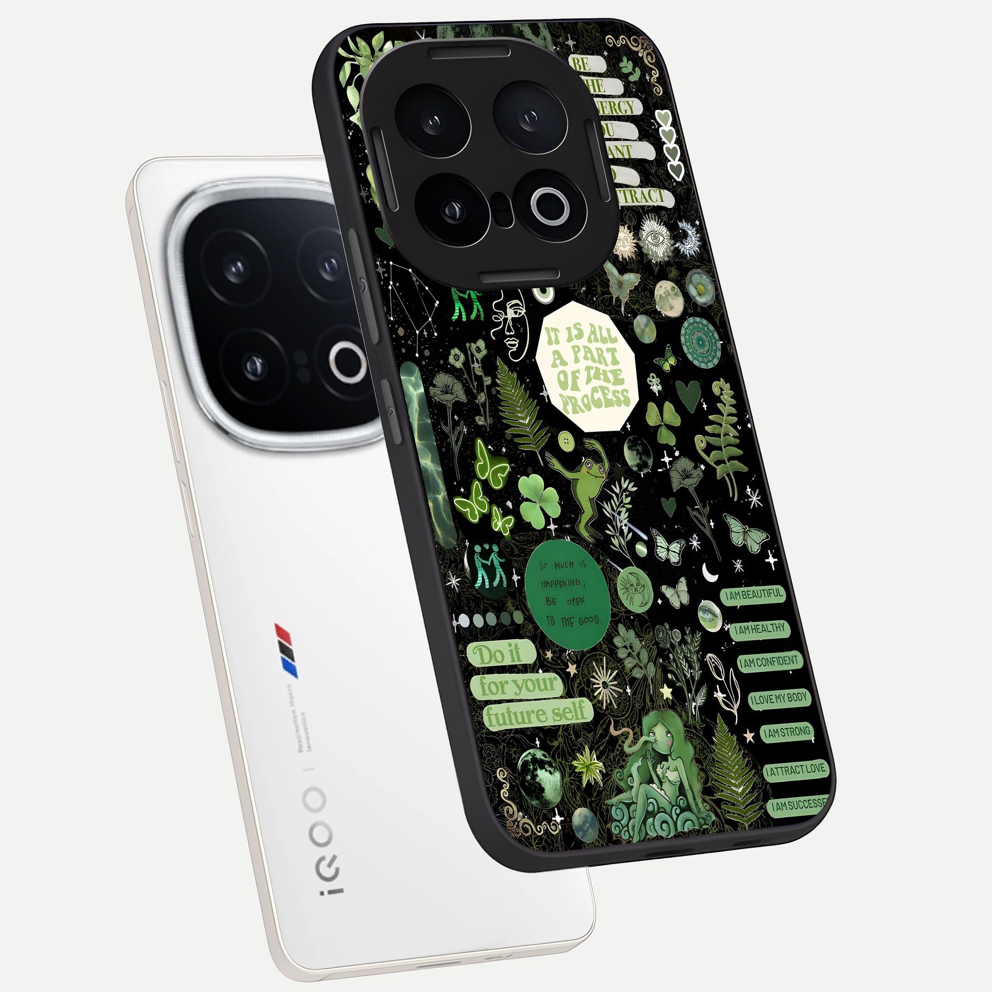  Green Mandala Pattern phone case for iQOO 13 showing premium glass back cover with detailed artwork