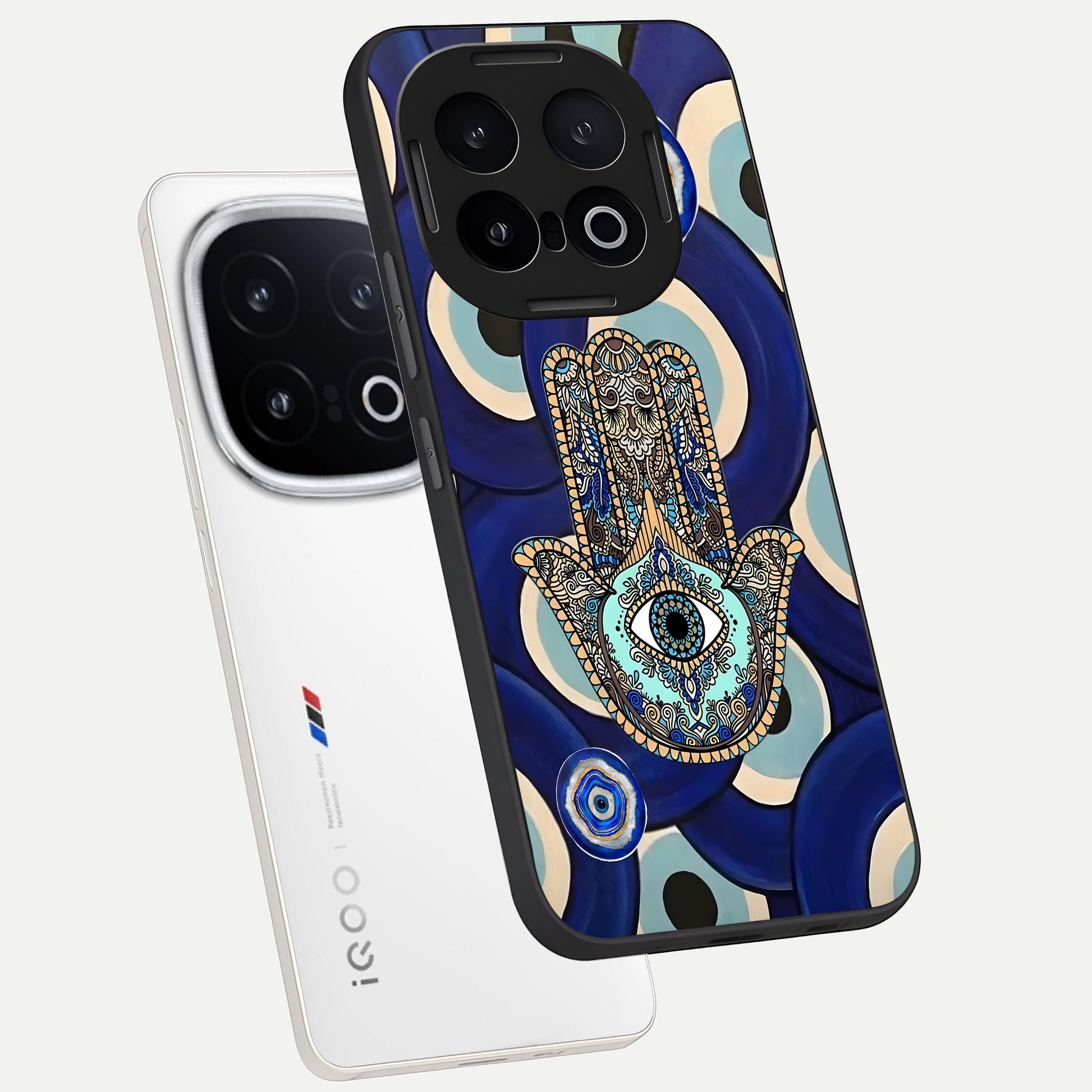  Hamsa Divine Guard phone case for iQOO 13 showing premium glass back cover with detailed artwork