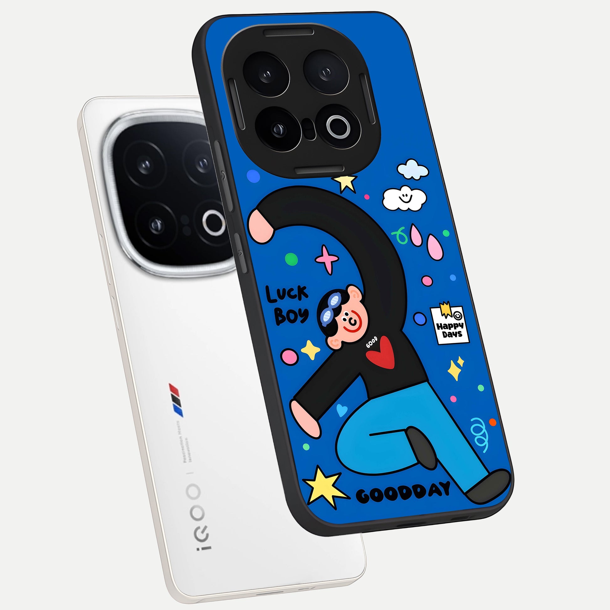  Happy Luck Vibe phone case for iQOO 13 showing premium glass back cover with detailed artwork