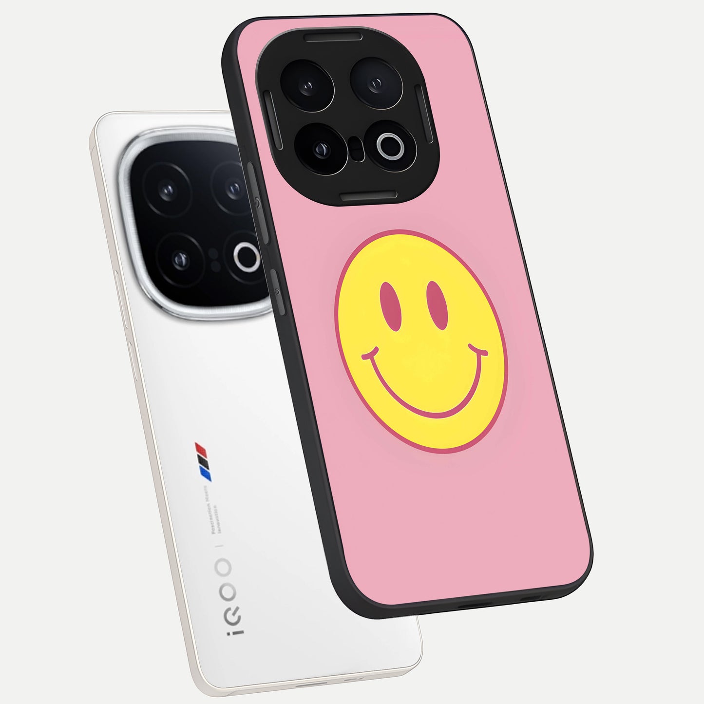  Happy Pink Mood phone case for iQOO 13 showing premium glass back cover with detailed artwork