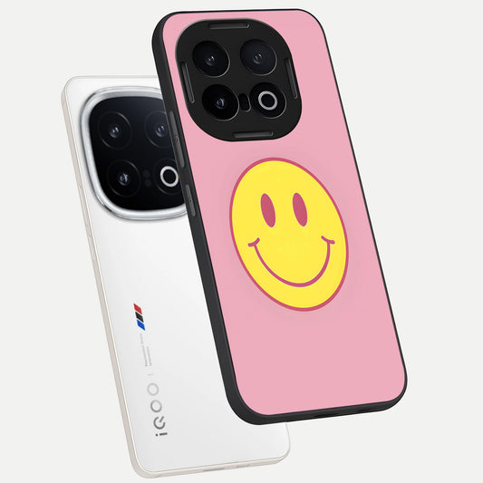  Happy Pink Mood phone case for iQOO 13 showing premium glass back cover with detailed artwork