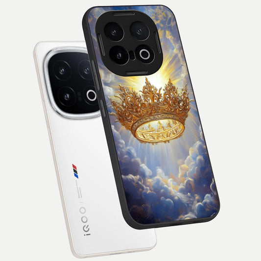  Heavenly Crown Light phone case for iQOO 13 showing premium glass back cover with detailed artwork