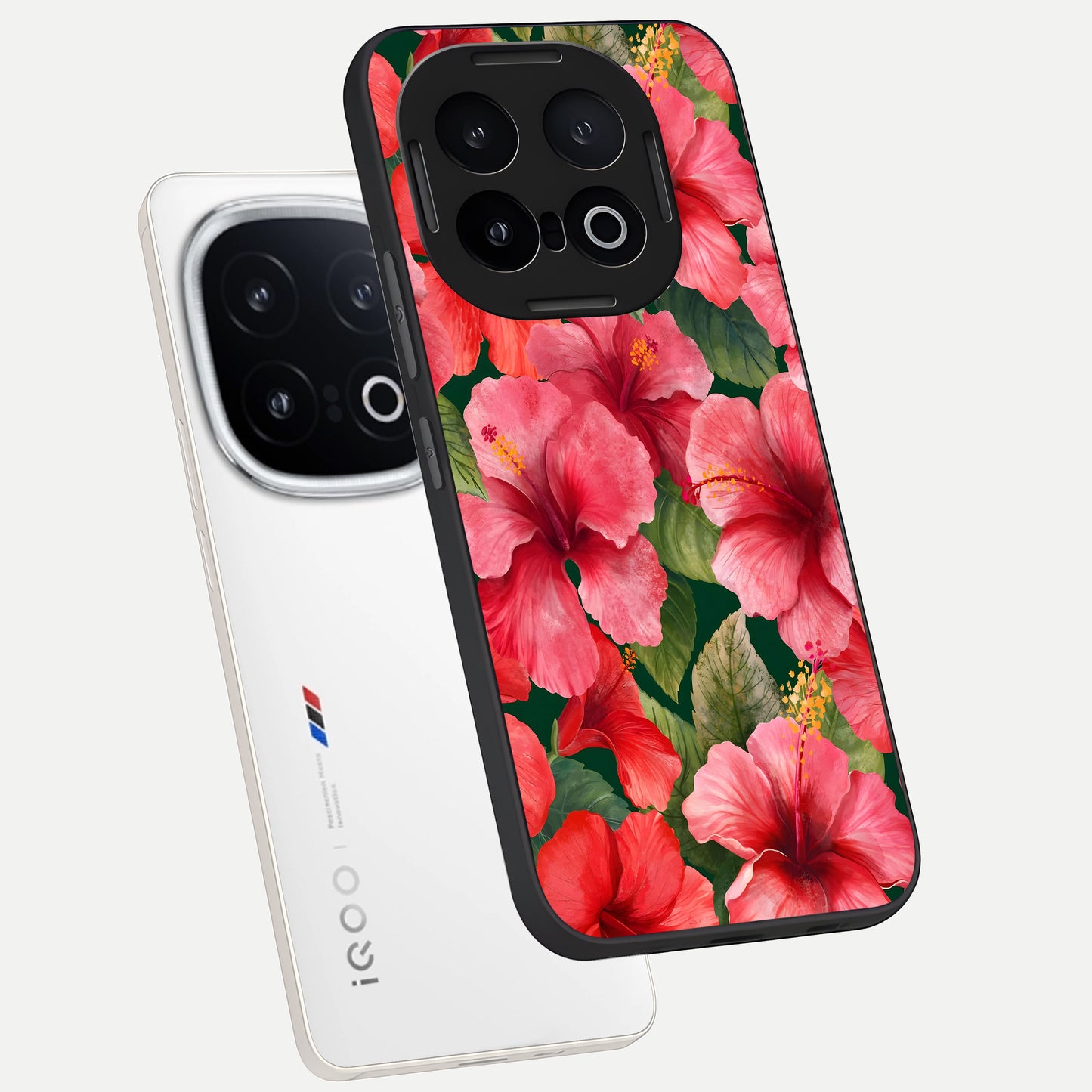  Hibiscus Pattern phone case for iQOO 13 showing premium glass back cover with detailed artwork