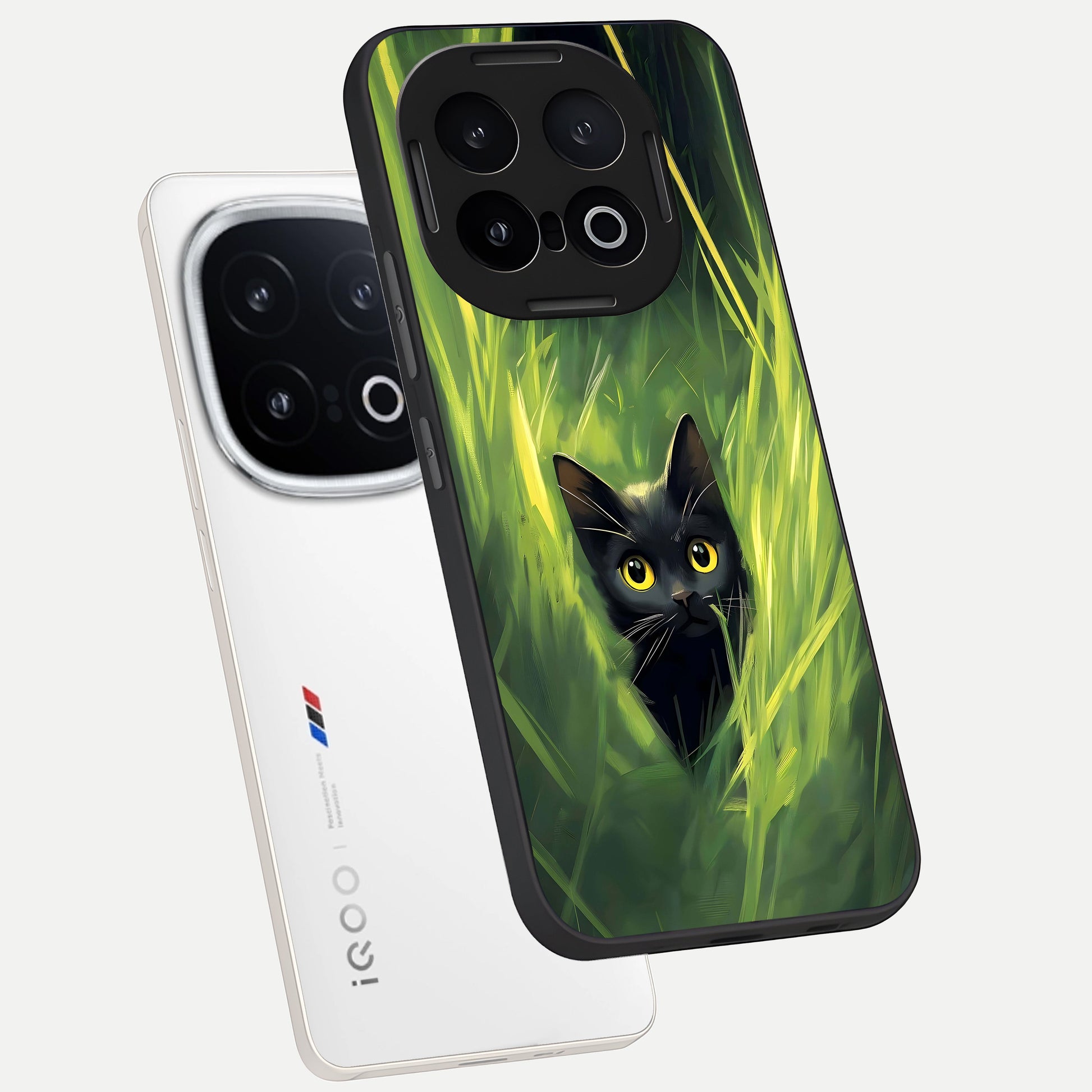  Hidden Cat Whisper phone case for iQOO 13 showing premium glass back cover with detailed artwork