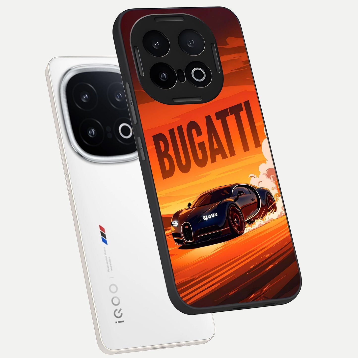  Inferno Bugatti Storm phone case for iQOO 13 showing premium glass back cover with detailed artwork