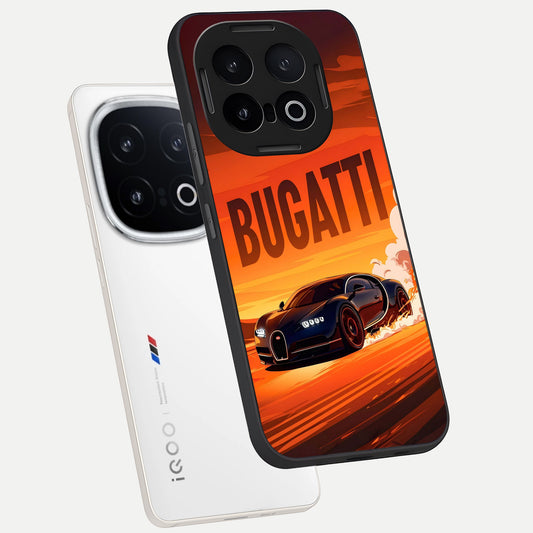 Inferno Bugatti Storm phone case for iQOO 13 showing premium glass back cover with detailed artwork