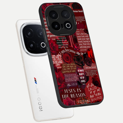 Jesus Love Heals phone case for iQOO 13 showing premium glass back cover with detailed artwork