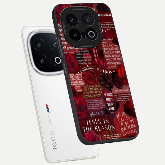  Jesus Love Heals phone case for iQOO 13 showing premium glass back cover with detailed artwork